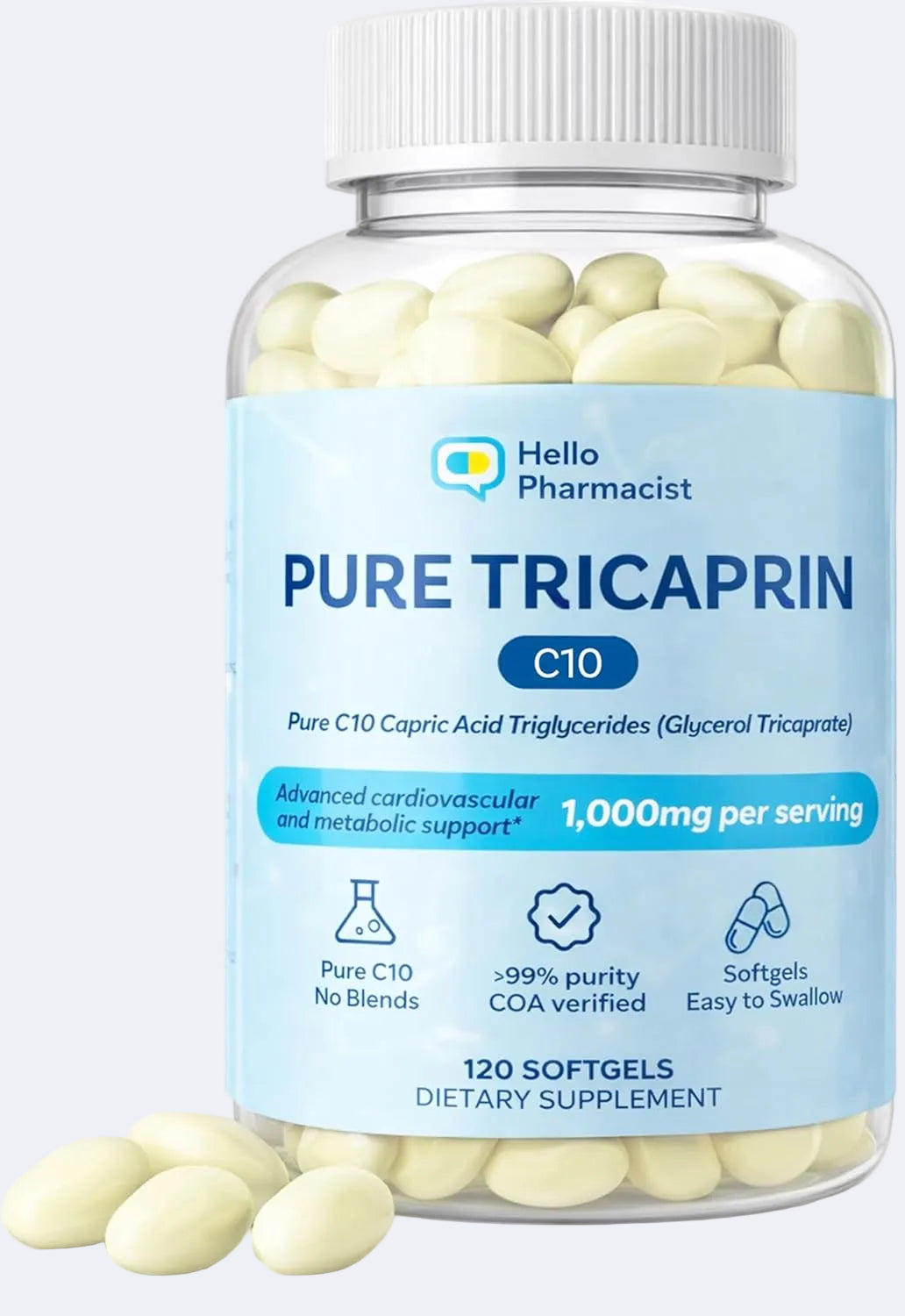 HelloPharmacist Pure Tricaprin (C10) Softgels – 120 Count