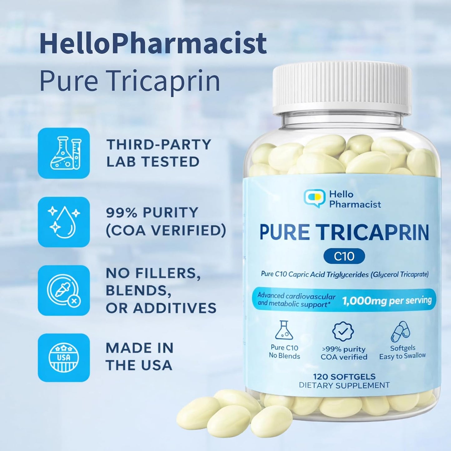 HelloPharmacist Pure Tricaprin (C10) Softgels – 120 Count