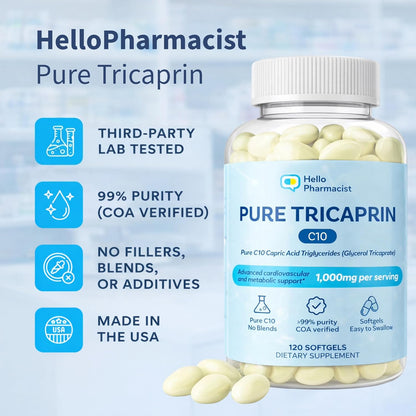 HelloPharmacist Pure Tricaprin (C10) Softgels – 120 Count