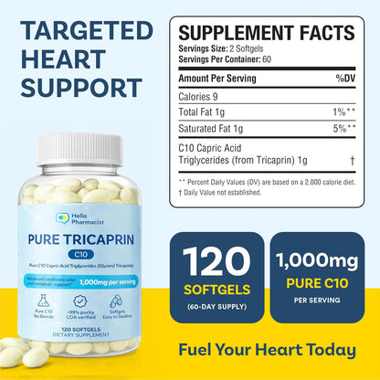 HelloPharmacist Pure Tricaprin (C10) Softgels – 120 Count
