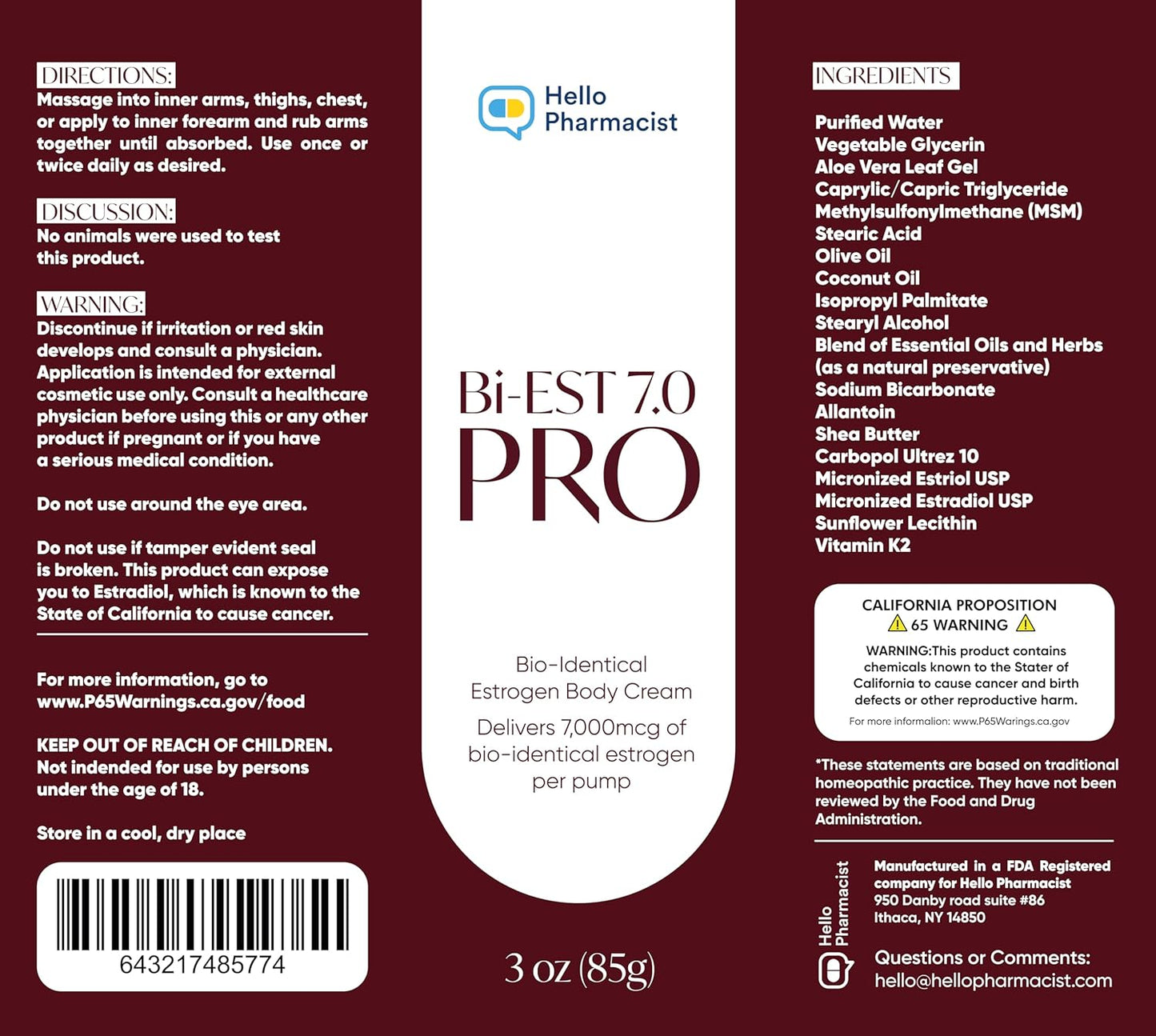 HelloPharmacist Bi-EST PRO 7.0 Bioidentical Estrogen Cream for Women (Max Strength)