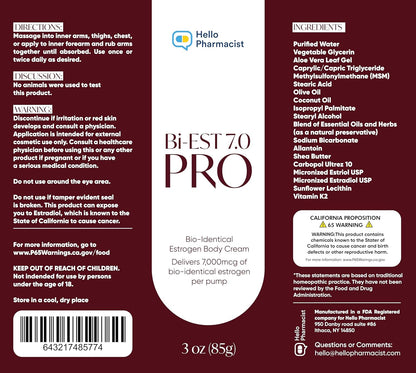 HelloPharmacist Bi-EST PRO 7.0 Bioidentical Estrogen Cream for Women (Max Strength)