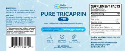 HelloPharmacist Pure Tricaprin (C10) Softgels – 120 Count