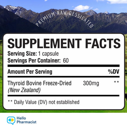 HelloPharmacist Raw Desiccated Bovine Thyroid — 300mg, 60 Capsules